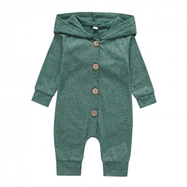 [Knitting] long-sleeved hooded coated clothes baby single row buckle solid color simple fashion long rid of clothing