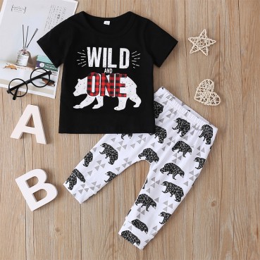 New infant young child suit male summer cotton short sleeve round neck cartoon fashion childrens trousers suit