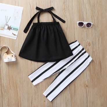 [Woven] Summer European and American baby girl girl suit solid color hanging belt top stripe cute trousers 2 pieces