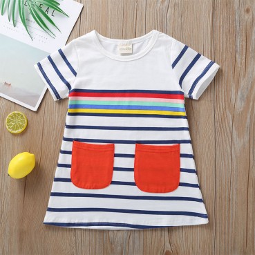 [Woven] Korean version of summer striped childrens T-shirt dress short-sleeved fashion long paragraph a-single skirt