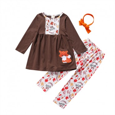 [Woven] Spot new spring and autumn children Korean womens clothing print long-sleeved dress + trousers + headscarf set