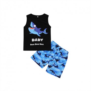 New childrens boys suit summer Europe and America cartoon shark shorts sleeveless two-piece childrens clothing