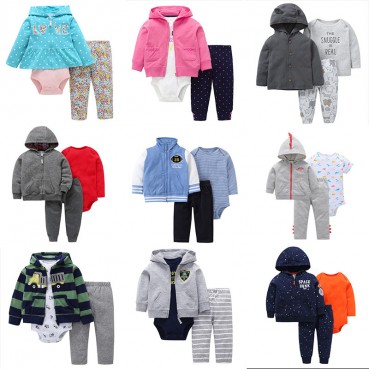 Spot European and American baby suit spring and autumn men and women baby long sleeve hooded cartoon three-piece