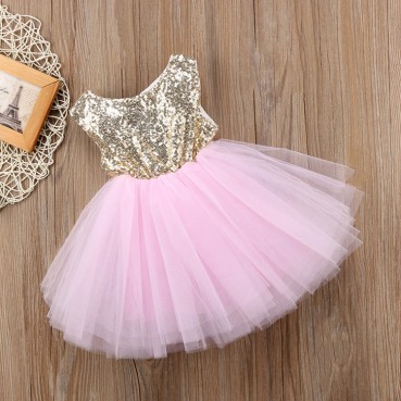 Factory direct girl pink mesh princess skirt childrens summer sleeveless bow tab dance dress