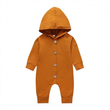 [Knitting] long-sleeved hooded coated clothes baby single row buckle solid color simple fashion long rid of clothing