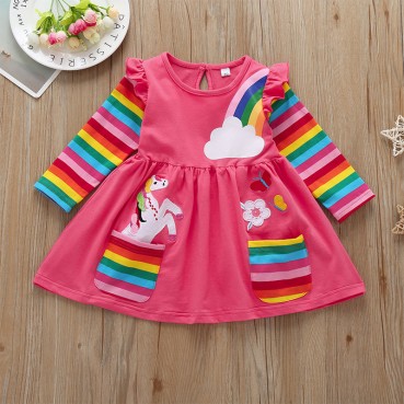 [Knitting] new product child dress autumn red cartoon rainbow pony long sleeve girl skirt spring