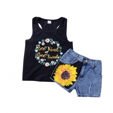 Tong suit INS childrens clothing childrens sleeveless sunflower vest + denim short pants boy suit