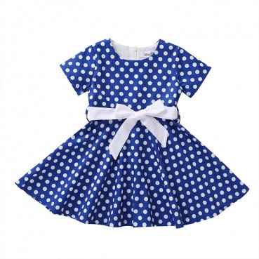 [Woven] spot summer Europe and the United States and the United States childrens clothing bow dot short-sleeved dress