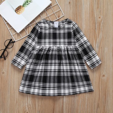 Girl black and white plaid dress spring autumn long sleeve little girl fashion casual skirt