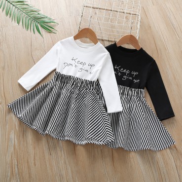 Girls long sleeve dress spring and autumn childrens letter black and white children skirt vacation two-piece dress