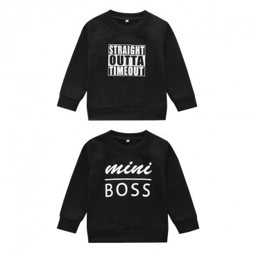 Best selling children round collar black letter sweater boys long-sleeved solid color single piece shirt