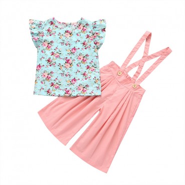 Summer hot new floral girl suit childrens solid color strap brow two-piece set