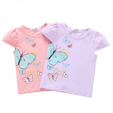 Summer girl cute cartoon butterfly short-sleeved T-shirt tidal biography childrens alphabet cotton candy color