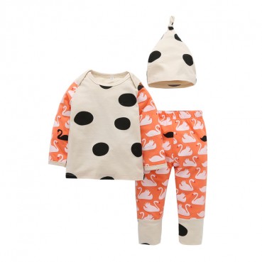 INS explosion model candy color set infant dot swan long sleeve T-shirt trousers with cap three-piece