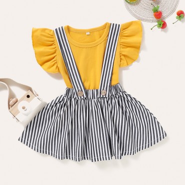 [Knit] INS new Korean fashion girl skirt suit summer short-sleeved striped strap skirt T-shirt two-piece childrens