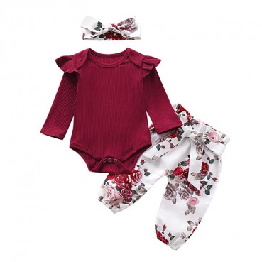 [Knit] new baby suit spring and autumn long sleeve trousers womens baby print 3 pieces of wholesale