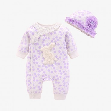 [Knitting] Infant long sleeve Romper Spring wave point sweet cute newborn baby climbing clothes long lace rabbit