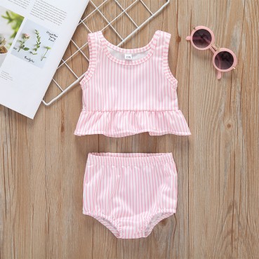 Pink striped lotus leaf girls swimsuit two-piece female baby summer swimming clothing factory direct sales