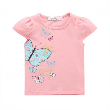 Summer girl cute cartoon butterfly short-sleeved T-shirt tidal biography childrens alphabet cotton candy color