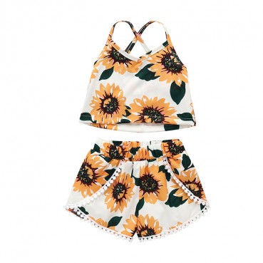 [Woven] new summer European and American baby girl girls suit print tidal fan shorts sleeveless two-piece childrens