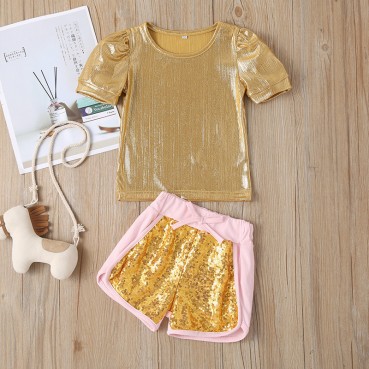 [Woven] new childrens suit summer girl sequins gold T-shirt shorts two-piece childrens clothing Europe