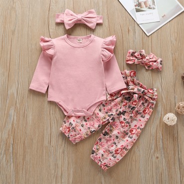 [Knitting] long-sleeved baby conventional suit spring and autumn print cute female baby halass trousers 4 pieces of