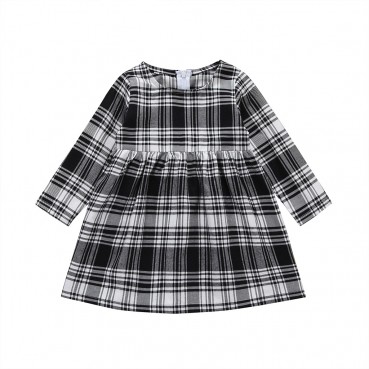 Girl black and white plaid dress spring autumn long sleeve little girl fashion casual skirt