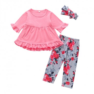 Hot batch new pink childrens autumn set girls printed trousers + top three sets