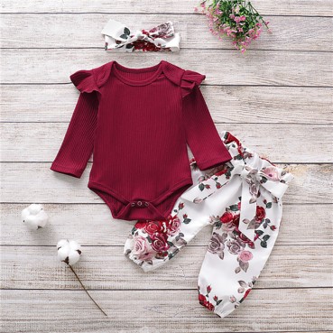 [Knit] new baby suit spring and autumn long sleeve trousers womens baby print 3 pieces of wholesale