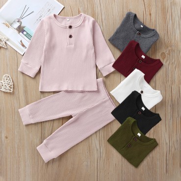 Childrens solid color two-piece long sleeve round neck trousers simple fashion pants suit men and women children