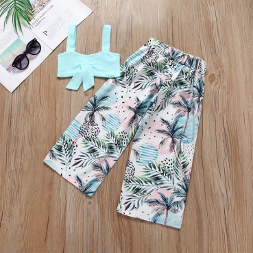 Summer small girls sand beach seaside zippe pants wrapped chest hood suit print printing tape girl two-piece set