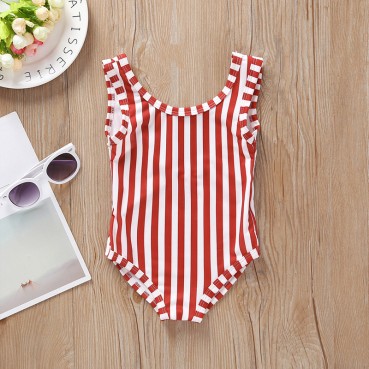 Summer small girls red striped back coupon swimwear skirt set