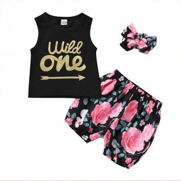 [Woven] spot summer baby children girls suit tide Fan print shorts sleeveless T-shirt three-piece childrens clothing