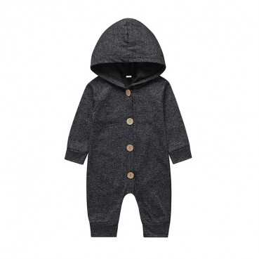 [Knitting] long-sleeved hooded coated clothes baby single row buckle solid color simple fashion long rid of clothing