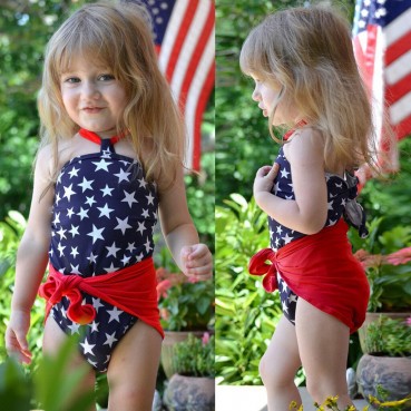 Childrens Wear Summer Girl Independence Day Hanging Belt Covered Swimwear Set Swimming Products Wholesale