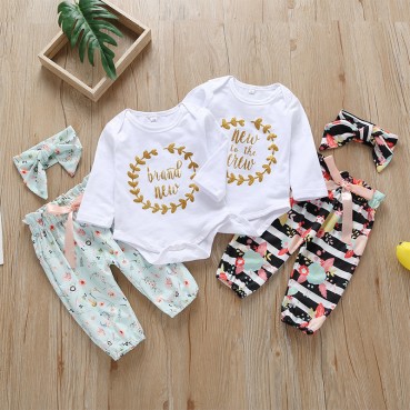 [Knit] European and American baby clothing trousers set long-sleeved print letters bow cute baby 3 pieces