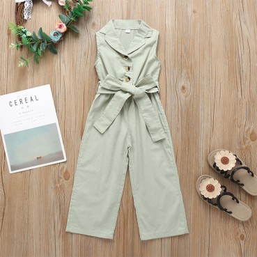 [Woven] girls simple fashion continuous pants solid color small children lapel sleeveless waistband trousers summer