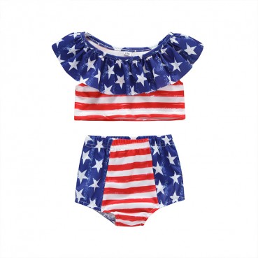 Girls American lotus leaf side striped swimsuit set female baby summer swimwear two-piece factory direct sales