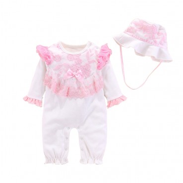 [Knitting] infant long sleeve continuous spring and autumn solid color, cute pink lace, sweet, baby, climb, out