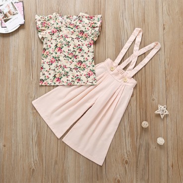 Summer hot new floral girl suit childrens solid color strap brow two-piece set