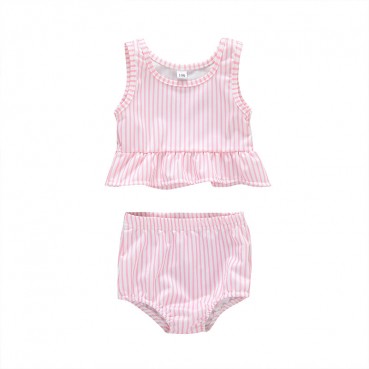 Pink striped lotus leaf girls swimsuit two-piece female baby summer swimming clothing factory direct sales