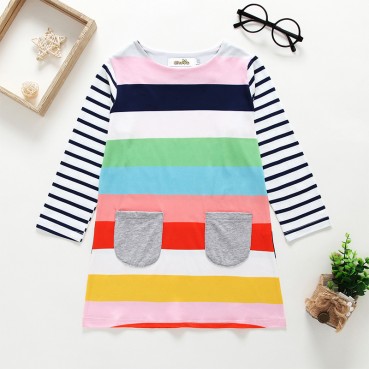 New girls colorful striped long dress children round collar comfortable skirt hot sale