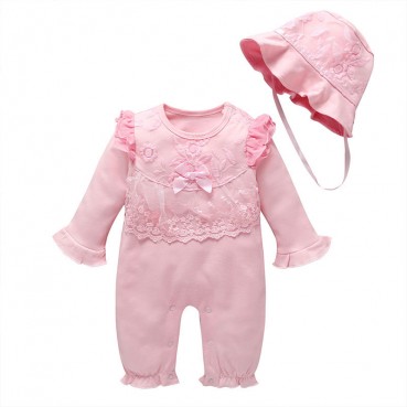 [Knitting] infant long sleeve continuous spring and autumn solid color, cute pink lace, sweet, baby, climb, out