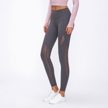 Spring and summer new stitching mesh grinding yoga pants high waist hip quick dry breathable sports nine pants female