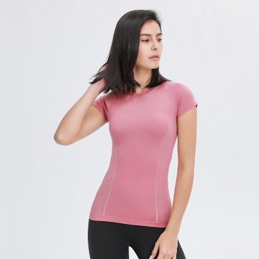 2021 spring and summer new round collar Slim solid color yoga short-sleeved female elastic quick dry fashion sports