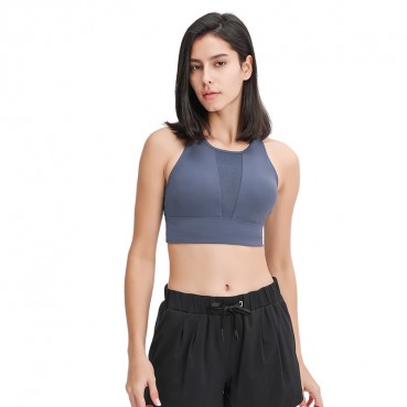 2021 spring and summer new front gear splicing mesh sports bra pull high round collar gathered anti-seismic sports