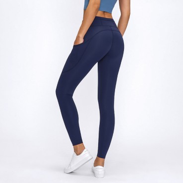 New elastic double-sided thin yoga trousers female high waist splicing pocket sports running nine pants autumn and