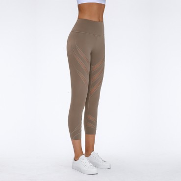 New striped hollow mesh yarn naked yoga pants solid color stretch slim running sports seven pants female spring and