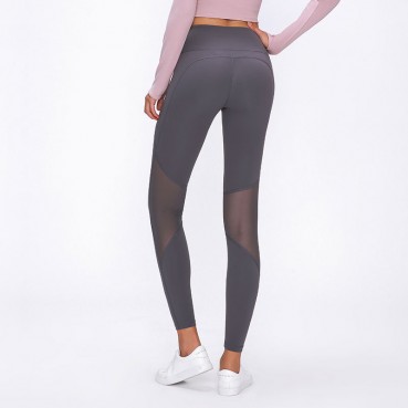 Spring and summer new stitching mesh grinding yoga pants high waist hip quick dry breathable sports nine pants female