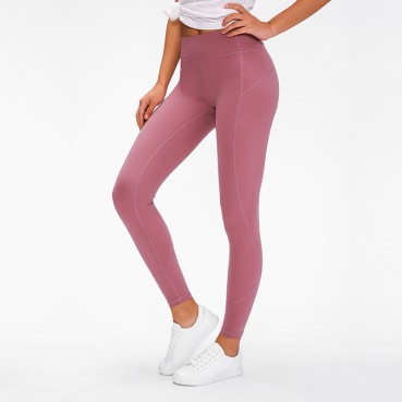 2021 Europe and the United States new yoga trousers female naked solid color stereo stitching hips sports fitness nine